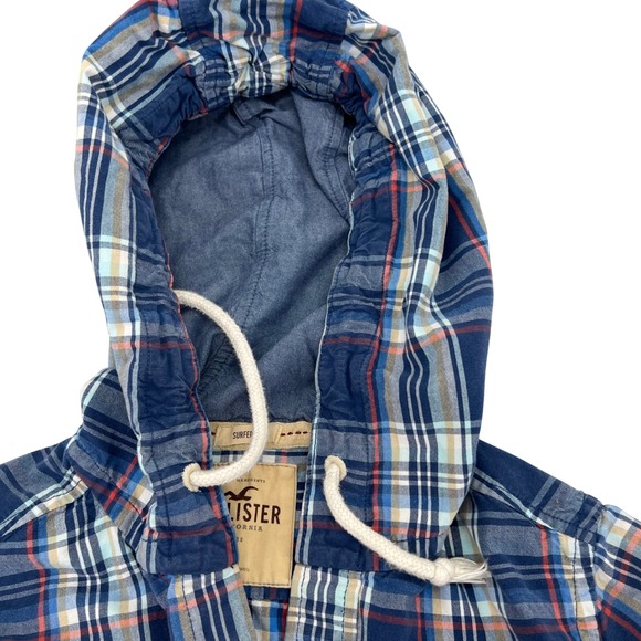 Hollister Men Blue Plaid Hooded Shirt Surfer Cut Long Sleeve Medium - Picture 3 of 8